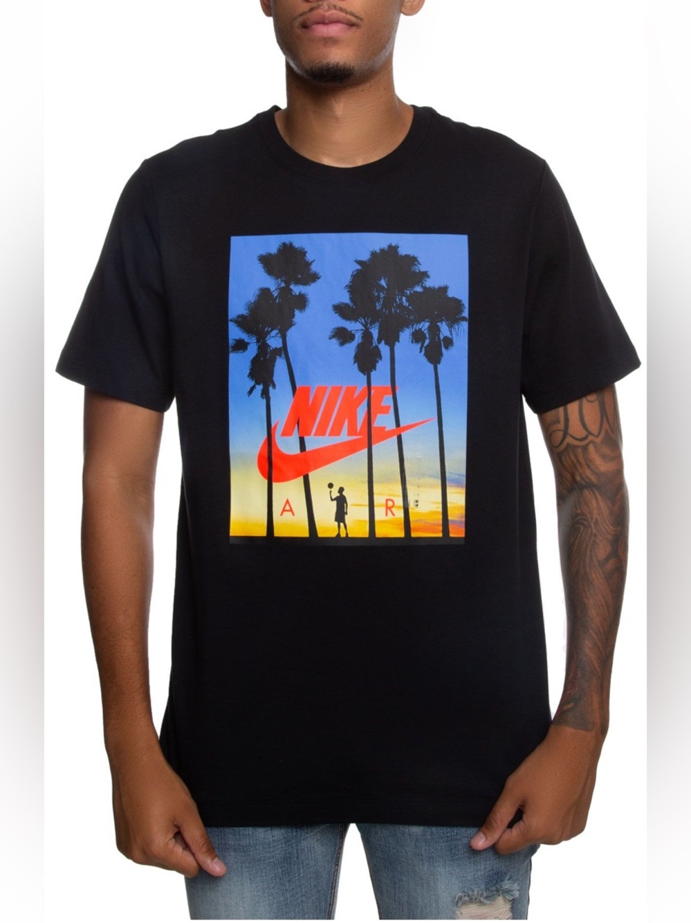 Nike Air Black Short-Sleeve Tee with Red Logo and Sunset Graphic Size L